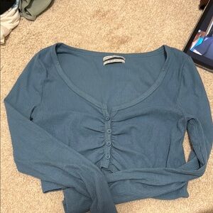 Blue Button-Up Ribbed Crop Top